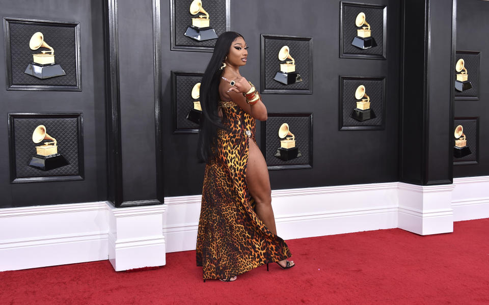Megan Thee Stallion arrives at the 64th Annual Grammy Awards at the MGM Grand Garden Arena on Sunday, April 3, 2022, in Las Vegas. (Photo by Jordan Strauss/Invision/AP)