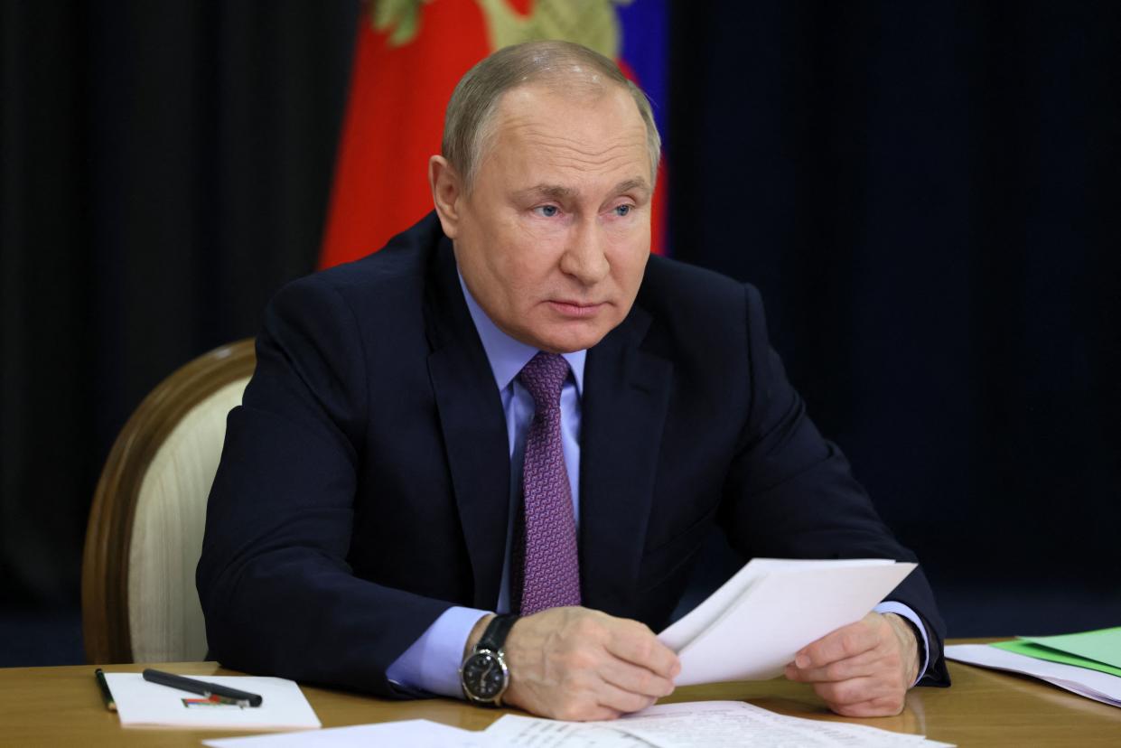 Russian President Vladimir Putin chairs a meeting on transport complex development via a video link at the Bocharov Ruchei residence in the Black Sea resort city of Sochi on May 24, 2022. (Photo by Mikhail Metzel / SPUTNIK / AFP) (Photo by MIKHAIL METZEL/SPUTNIK/AFP via Getty Images)
