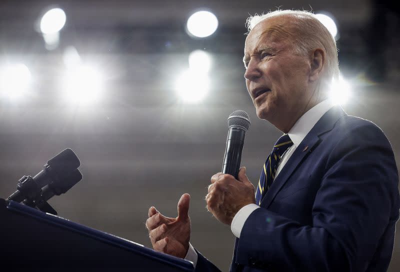 U.S. President Joe Biden visits the SK Siltron CSS facility in Bay City, Michigan