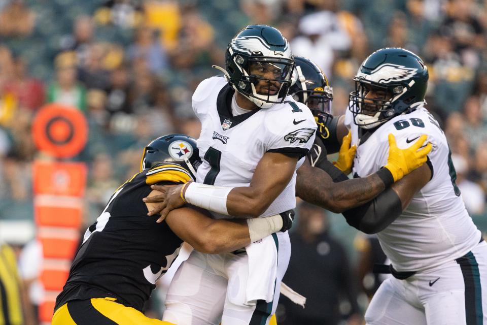 Aug 12, 2021; Philadelphia, Pennsylvania, USA; Philadelphia Eagles quarterback Jalen Hurts (1) in action against the Pittsburgh Steelers at Lincoln Financial Field. Mandatory Credit: Bill Streicher-USA TODAY Sports