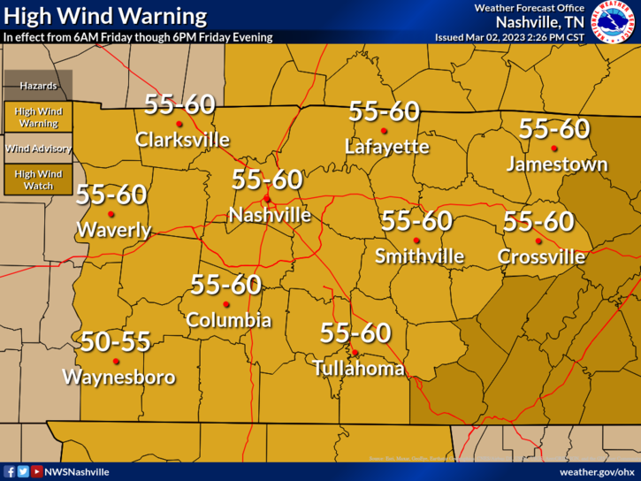 A rare high wind warning will take effect from 6 a.m. through 6 p.m. Friday across all of Middle Tennessee, with up to 60 mph wind gusts possible.