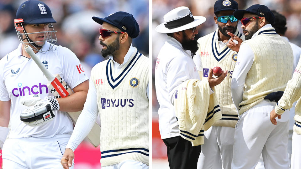 Virat Kohli is seen talking to England batsman Alex Lees (left) before he is seen being subsequently cautioned by umpire Aleem Dar (right).