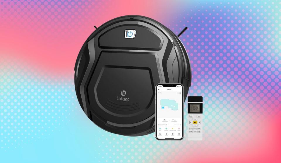 robot vacuum against a multicolored background