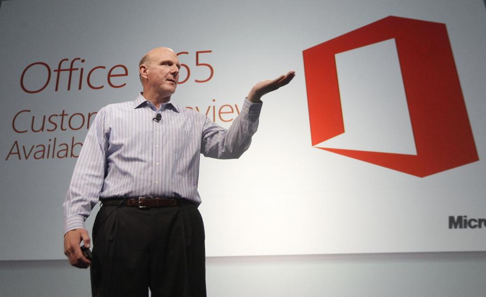 Microsoft CEO Steve Ballmer speaks at a Microsoft event in San Francisco, Monday, July 16, 2012. Microsoft unveiled a new version of its widely used, lucrative suite of word processing, spreadsheet and email programs Monday, one designed specifically with tablet computers and Internet-based storage in mind. (AP Photo/Jeff Chiu)