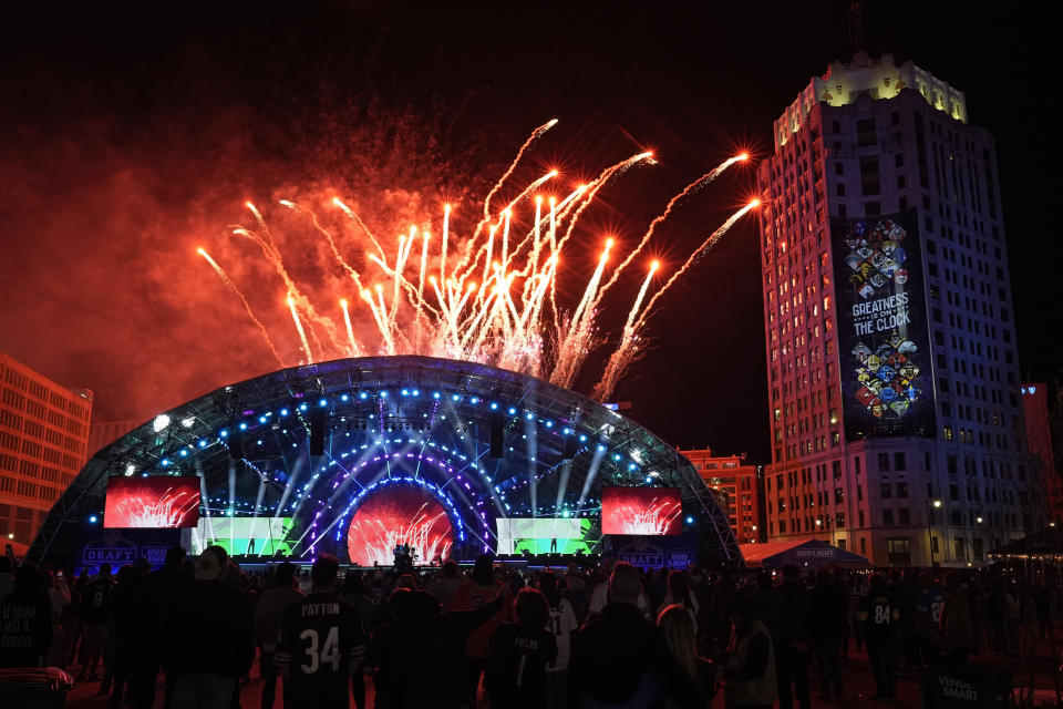 Fireworks explode at the end of the second night of the NFL football draft, Friday, April 26, 2024, in Detroit. (AP Photo/Paul Sancya)