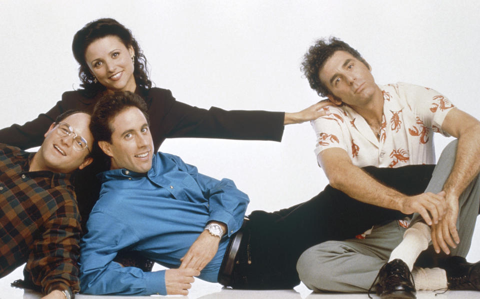 SEINFELD -- Season 6 -- Pictured: (front, l-r) Jason Alexander as George Costanza, Jerry Seinfeld as Jerry Seinfeld, (back, l-r) Julia Louis-Dreyfus as Elaine Benes, Michael Richards as Cosmo Kramer  (Photo by George Lange/NBC/NBCU Photo Bank via Getty Images)