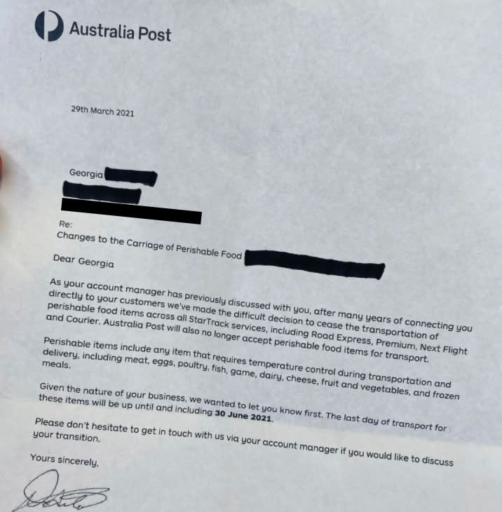 A letter from Australia Post saying it will no longer deliver perishable food items. 