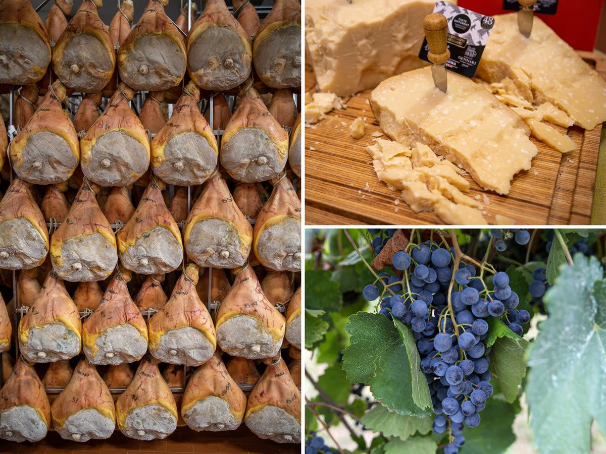 Clockwise from left: Prosciutto hams, Parmigiano Reggiano and Lambrusco grapes from Emilia-Romagna  (Big Mamma)