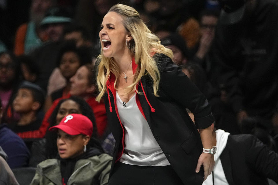 Las Vegas Aces head coach Becky Hammon calls out to her team during the second half in Game 4 of a WNBA basketball final playoff series against the New York Liberty, Wednesday, Oct. 18, 2023, in New York. The Aces won 70-69. (AP Photo/Frank Franklin II)