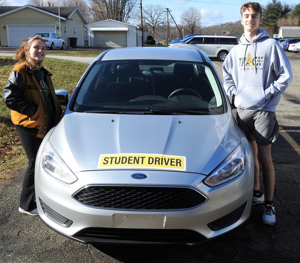 Sophomores Ally and Logan Fischer were the first two students to complete a new driver's education program at River View High School. The student driver car was donated to the district by Jeff Drennen Dealerships.