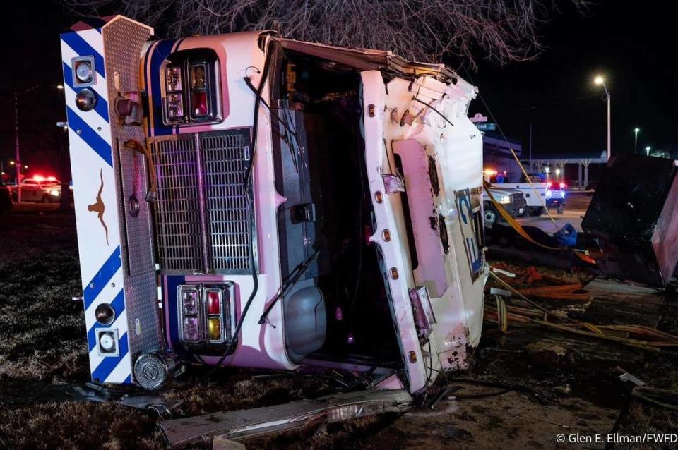 Four Fort Worth firefighters were injured, one of them critically, in a crash Feb. 6, 2024. They were responding to a house fire when their truck flipped. Glen Ellman/Fort Worth Fire Department