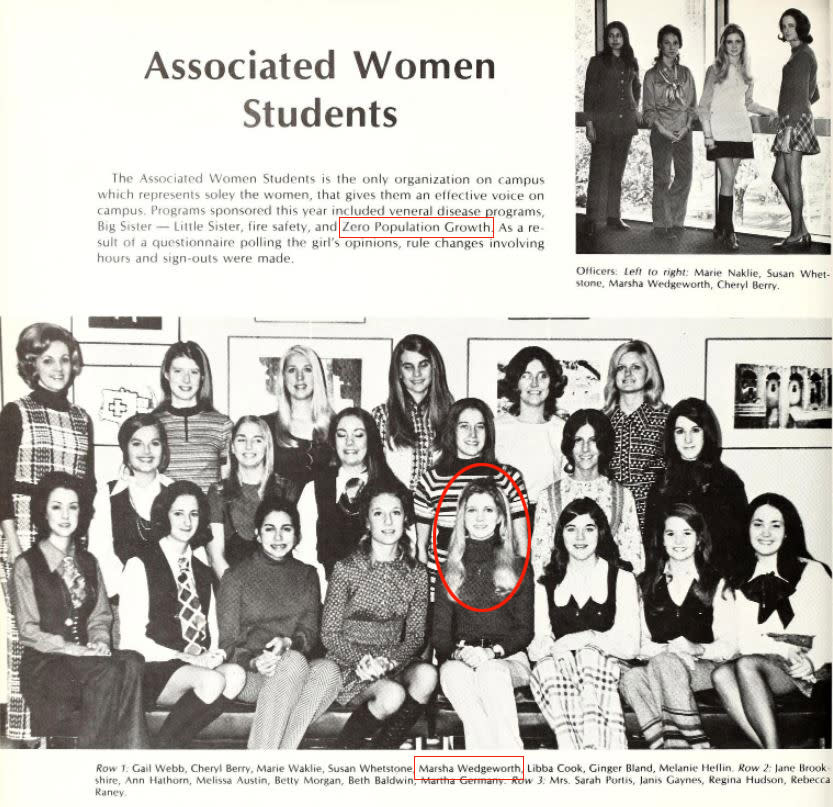Marsha Blackburn, then Marsha Wedgeworth, in a photo of Associated Women Students in Mississippi State University's 