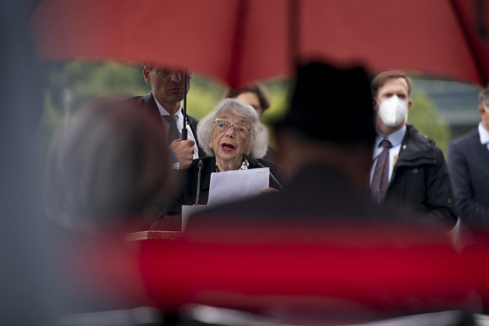 Holocaust Survivor Margot Friedlander speaks during a ceremony attended by U.S. Secretary of State Antony Blinken and German Minister of Foreign Affairs Heiko Maas for the launch of a U.S.-Germany Dialogue on Holocaust Issues at the Memorial to the Murdered Jews of Europe in Berlin, Thursday, June 24, 2021. Blinken is on a week long trip in Europe traveling to Germany, France and Italy. (AP Photo/Andrew Harnik, Pool)