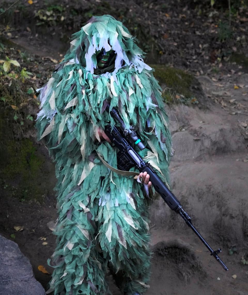 An Indian army sniper returns after a terrain drill at the Indo-US joint exercise (AP)