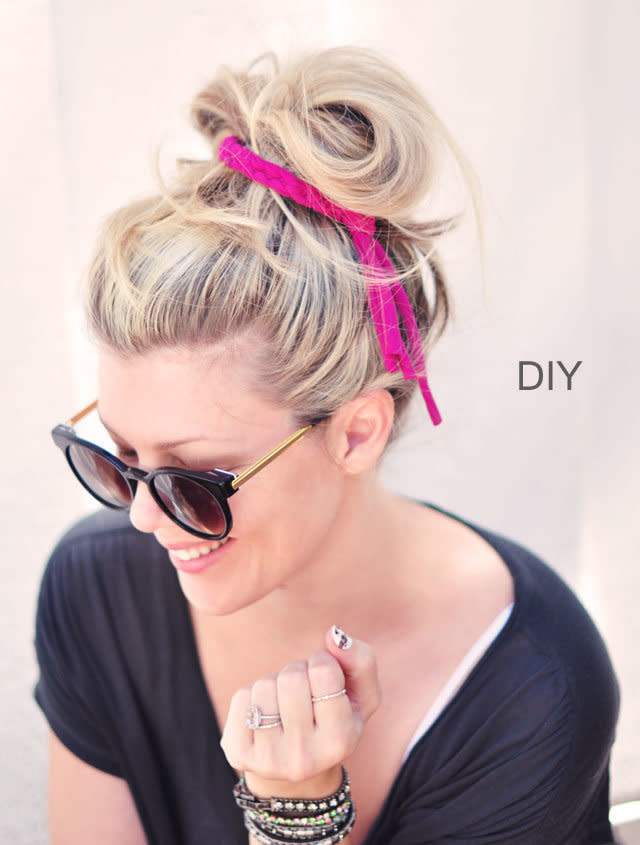 This cute hair tie can also double as a bracelet, so you'll never have to ask your friends for an elastic again. Get the tutorial at <a href="http://www.lovemaegan.com/2014/09/diy-braided-jersey-hair-tie-bracelet-from-a-t-shirt.html" target="_blank">LoveMaegan.com</a>.