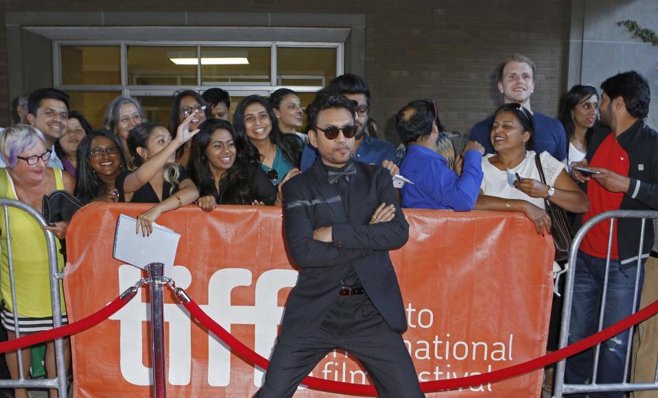 Irrfan Khan attends the premiere for "Guilty" on day 5 of the Toronto International Film Festival at the Ryerson theatre on Monday, Sept. 14, 2015, in Toronto. (Photo by Tony Felgueiras/Invision/AP)