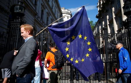 FILE PHOTO: A man carries a EU flag, after Britain voted to leave the European Union, outside Downing Street in London