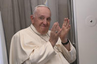 Pope Francis meets the journalists during an airborne press conference aboard the airplane directed to Rome, at the end of his pastoral visit to Congo and South Sudan, Sunday, Feb. 5, 2023. (Tiziana Fabi/Pool Photo Via AP)