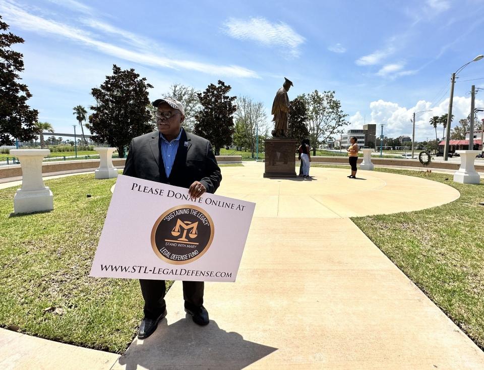 Percy Williamson, an alumnus of Bethune-Cookman University, announces the launch of the Sustaining the Legacy Legal Defense Fund, a nonprofit to benefit the Mary McLeod Bethune National Alumni Association, which is being sued by the university for trademark infringement. He spoke at a news conference near the Bethune statue in the Riverfront Esplanade in downtown Daytona Beach Wednesday.