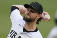 Pittsburgh Pirates starting pitcher JT Brubaker delivers during the first inning of a baseball game against the Colorado Rockies in Pittsburgh, Monday, May 23, 2022. (AP Photo/Gene J. Puskar)