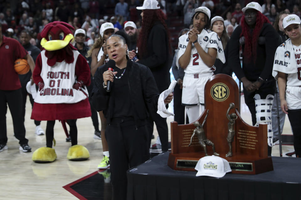 South Carolina coach Dawn Staley speaks after the team defeated Alabama in an NCAA college basketball game to clinch a share of the regular-season Southeastern Conference title, Thursday, Feb. 22, 2024, in Columbia, S.C. (AP Photo/Artie Walker Jr.)