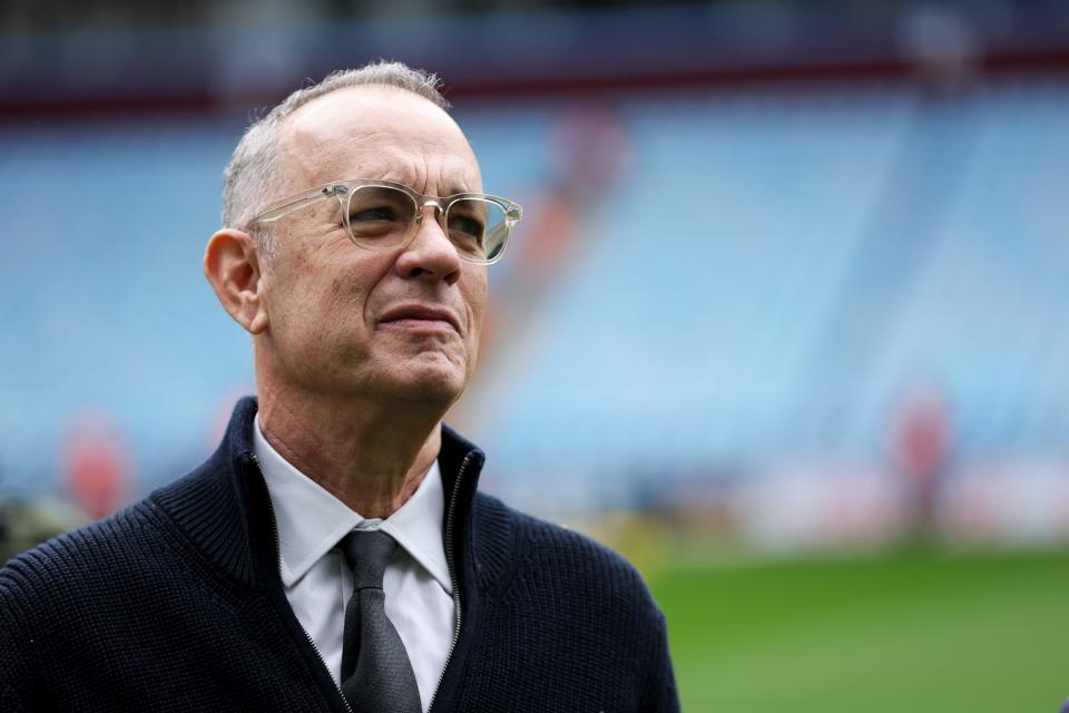 Tom Hanks at the Premier League match between Aston Villa and Arsenal FC on February 18, 2023, in Birmingham, England.