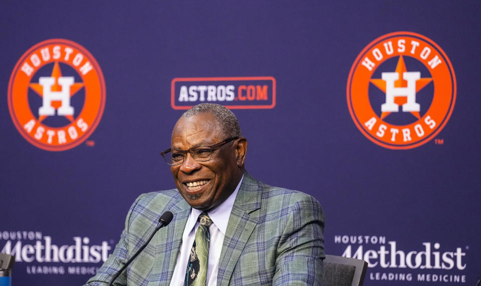 Houston Astros manager Dusty Baker Jr. answers questions from the media during a baseball press conference announcing his retirement, Thursday, Oct. 26, 2023, at Minute Maid Park in Houston. (Karen Warren/Houston Chronicle via AP)