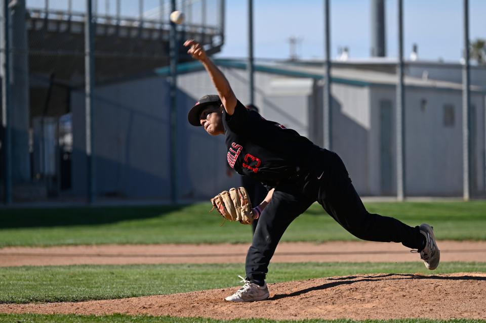 Oak Hills' Paul Montoya throws a pitch during the seventh inning against Sultana on Monday, April 15, 2024 in Hesperia. Montoya received the win after helping his team beat Sultana 2-0.