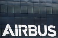 The logo of Airbus at the Airbus Defence and Space facility in Elancourt