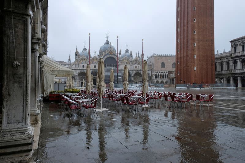 FILE PHOTO: A view of St. Mark's Square during exceptional high tide as the flood barriers known as Mose are raised, in Venice