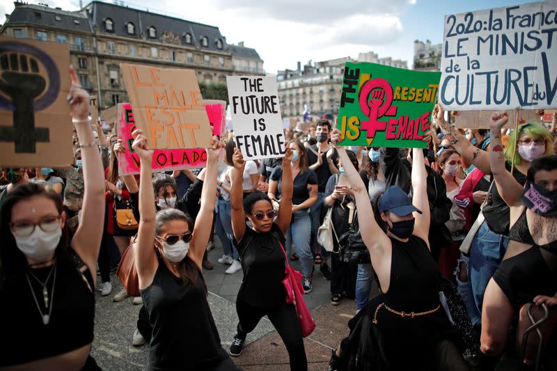 Feminist activists demonstrate against new government appointments in Paris