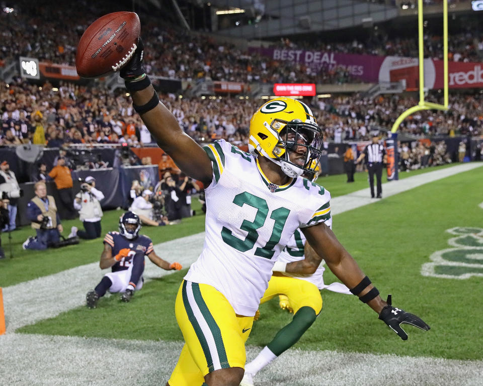 Adrian Amos #31 of the Green Bay Packers celebrates after intercepting a pass in the end zone against the Chicago Bears at Soldier Field on September 05, 2019 in Chicago, Illinois. The Packers defeated the Bears 10-3. (Photo by Jonathan Daniel/Getty Images)