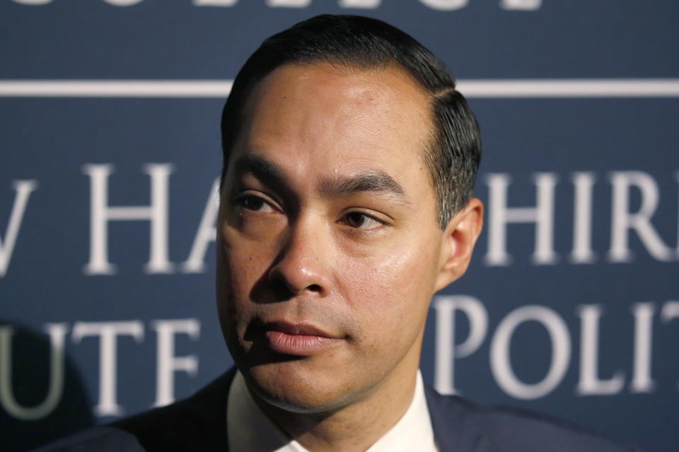 FILE- In this Jan. 16, 2019, file photo Julian Castro, former U.S. Secretary of Housing and Urban Development and candidate for the 2020 Democratic presidential nomination, speaks to the media at Saint Anselm College in Manchester, N.H. Castro isn’t ruling out direct payments to African-Americans for the legacy of slavery, a stand separating him from his 2020 rivals. The former housing secretary says, “If under the Constitution we compensate people because we take their property, why wouldn’t you compensate people who actually were property.’’ (AP Photo/Mary Schwalm, File)