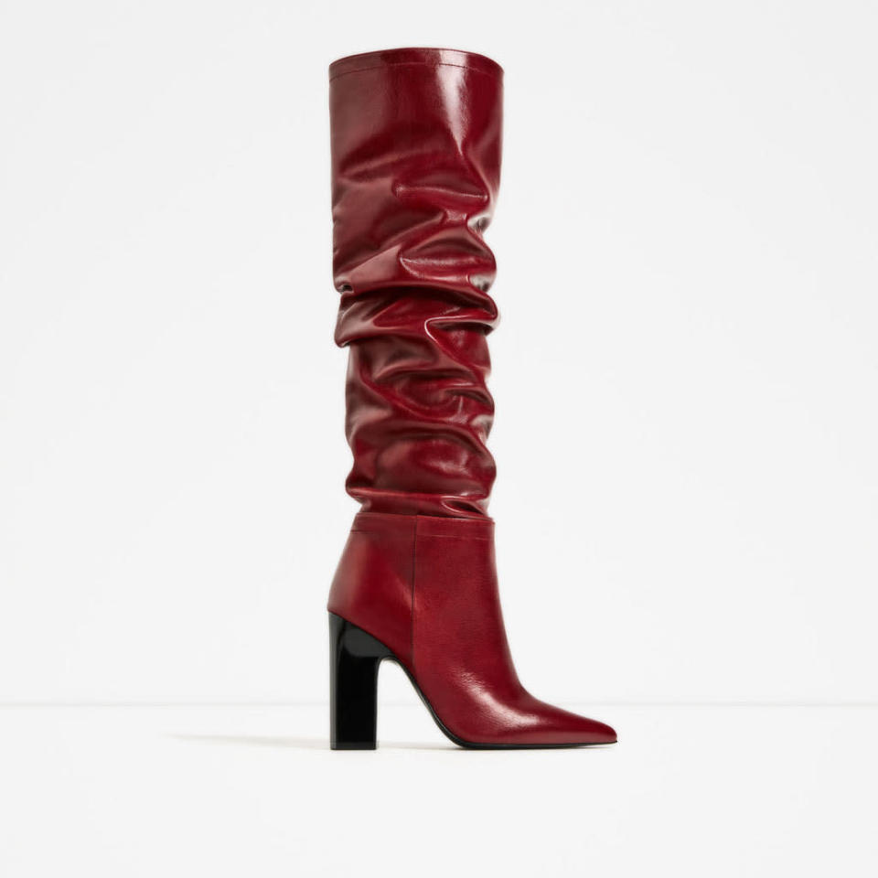 <p><i><a href="http://www.zara.com/uk/en/woman/new-in/leather-high-heel-boots-with-wide-leg-c840002p3846044.html" rel="nofollow noopener" target="_blank" data-ylk="slk:Zara, £169" class="link ">Zara, £169</a></i></p>