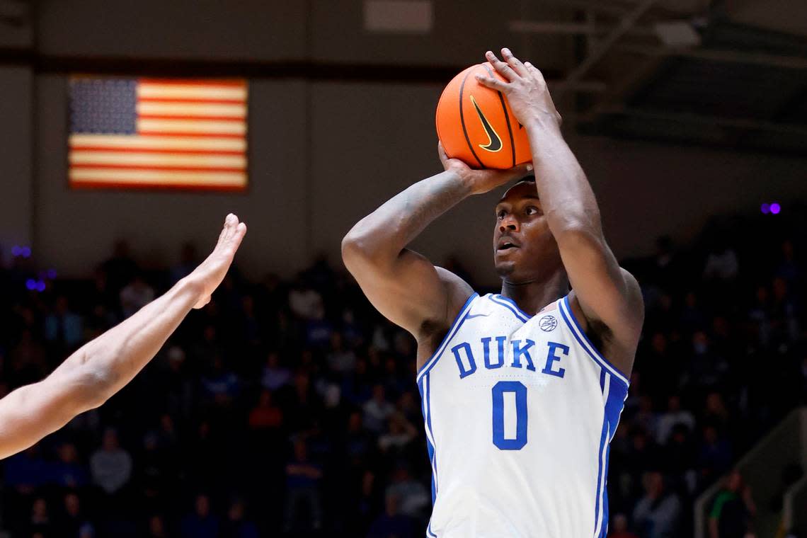 Duke’s Dariq Whitehead (0) shoots a three-pointer during the second half of Duke’s 82-55 victory over Maryland-Eastern Shore at Cameron Indoor Stadium in Durham, N.C., Saturday, Dec. 10, 2022.