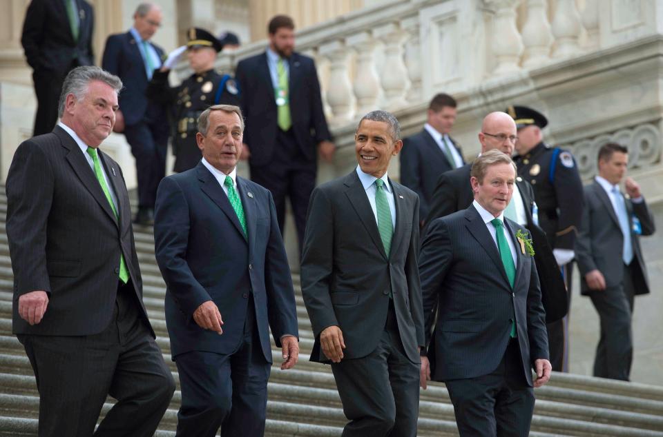 From left: Rep. Peter King (R-N.Y.), Speaker of the House John Boehner (R-Ohio), President Barack Obama (D) and Irish Prime Minister Taoiseach Enda Kenny depart the annual Friends of Ireland luncheon on Capitol Hill on St. Patrick's Day 2015.