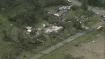 Homes are damaged after severe weather passed the area on Wednesday, July 19, 2023 in Rocky Mount, N.C. (WTVD via AP)