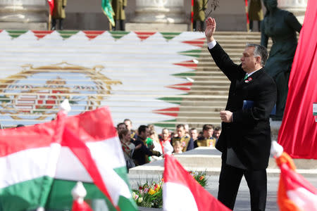 Hungarian Prime Minister Viktor Orban reacts during Hungary's National Day celebrations, which also commemorates the 1848 Hungarian Revolution against the Habsburg monarchy, in Budapest, Hungary, March 15, 2019. REUTERS/Lisi Niesner