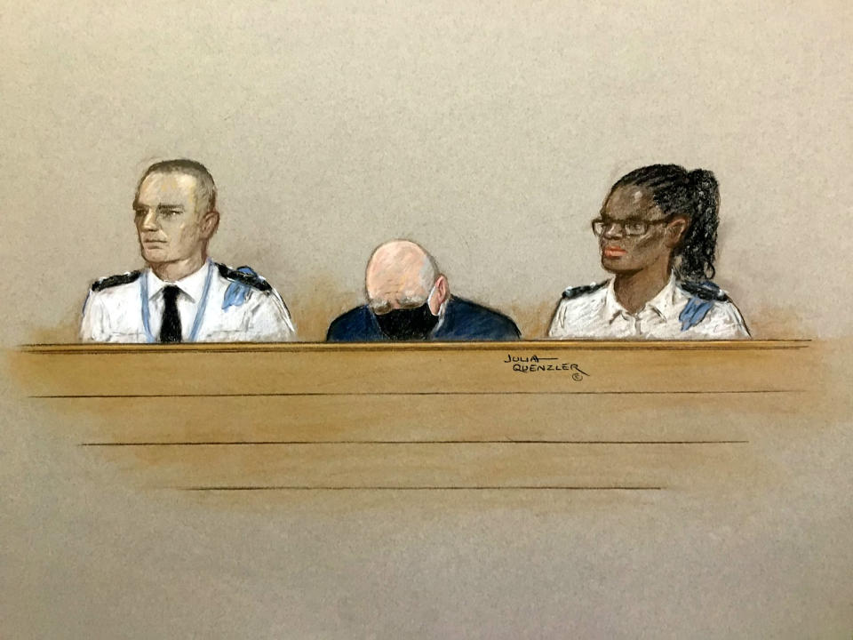 Artist impression of Wayne Couzens with his head bowed during the sentencing hearing at the Old Bailey, London. (Julia Quenzler/SWNS)