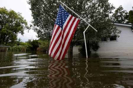 An American flag is seen waving above flood waters in Sorrento, Louisiana. REUTERS/Jonathan Bachman