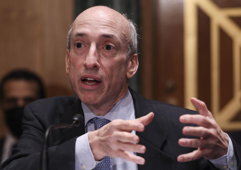 WASHINGTON, DC - SEPTEMBER 14: Gary Gensler, Chair of the U.S. Securities and Exchange Commission,  testifies before a Senate Banking, Housing, and Urban Affairs Committee oversight hearing on the SEC on September 14, 2021 in Washington, DC. (Photo by Evelyn Hockstein-Pool/Getty Images)