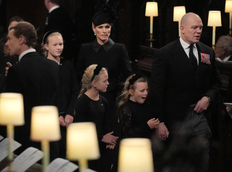 Savannah Phillips and Zara Tindall (back) and Ilsa Phillips, Mia Tindall and Mike Tindall arrive at St George’s Chapel in Windsor Castle (Victoria Jones/PA) (PA Wire)