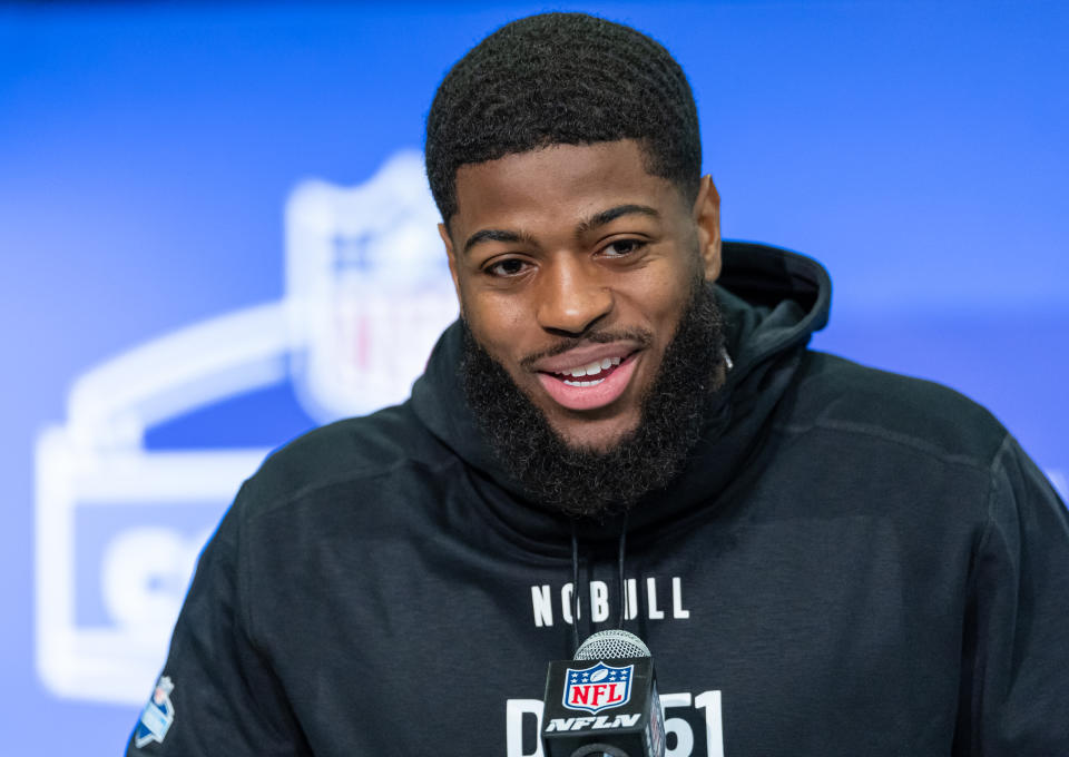 INDIANAPOLIS, INDIANA - FEBRUARY 28: Jared Verse #DL51 of the Florida State Seminoles speaks to the media during the 2024 NFL Draft Combine at Lucas Oil Stadium on February 28, 2024 in Indianapolis, Indiana. (Photo by Michael Hickey/Getty Images)