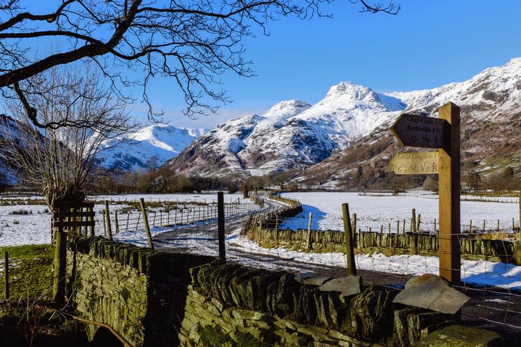 <span class="caption">Going out during winter in rural areas can often be hindered by bad weather and difficult driving conditions.</span> <span class="attribution"><a class="link " href="https://www.shutterstock.com/image-photo/wooden-footpath-signpost-langdale-valley-lake-717635992?src=LKeHUf8mheRX-_MKSwsGuQ-1-2" rel="nofollow noopener" target="_blank" data-ylk="slk:Shaun Barr/Shutterstock;elm:context_link;itc:0;sec:content-canvas">Shaun Barr/Shutterstock</a></span>