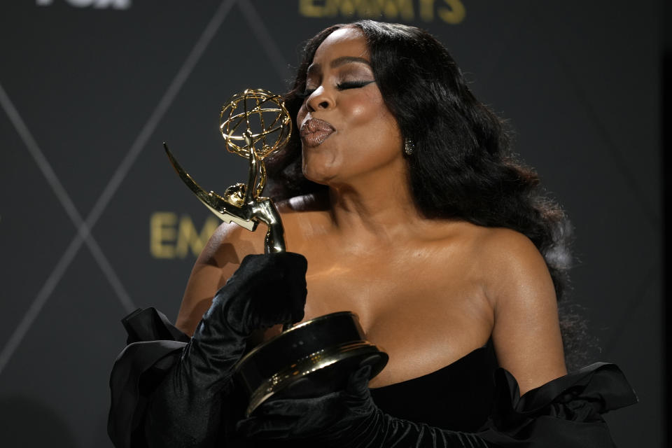 Niecy Nash-Betts, winner of the award for outstanding supporting actress in a limited or anthology series or movie for "Dahmer – Monster: The Jeffrey Dahmer Story," poses in the press room during the 75th Primetime Emmy Awards on Monday, Jan. 15, 2024, at the Peacock Theater in Los Angeles. (AP Photo/Ashley Landis)