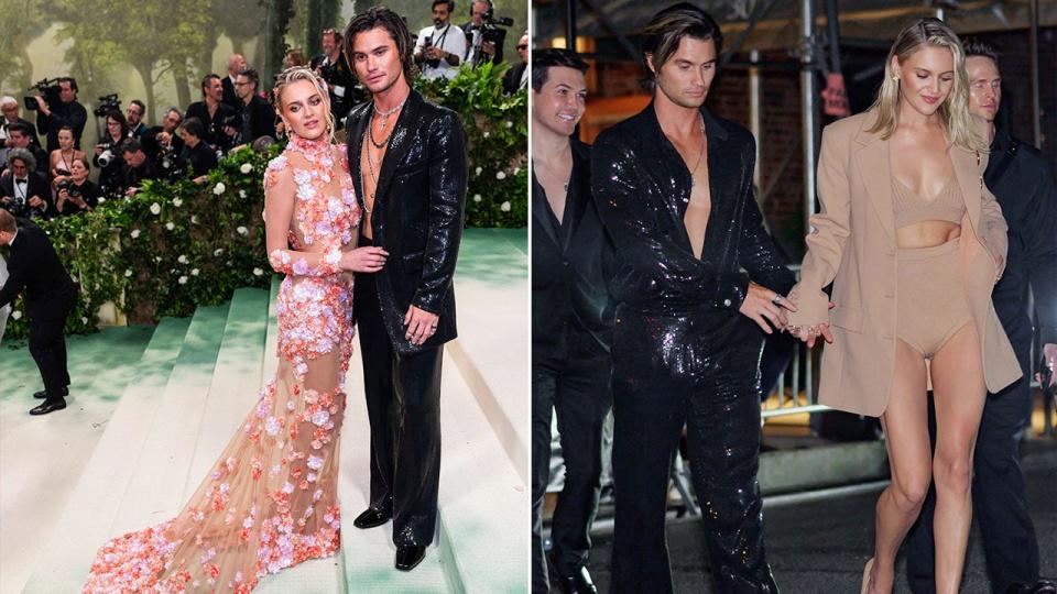 Side by side photos of Kelsea Ballerini and Chase Stokes at the Met Gala and walking the streets of New York