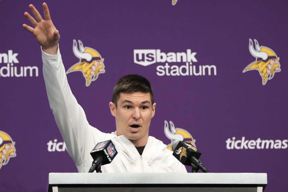 Minnesota Vikings quarterback Nick Mullens answers questions after an NFL football game against the Detroit Lions, Sunday, Dec. 24, 2023, in Minneapolis. (AP Photo/Abbie Parr)