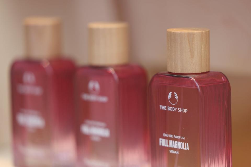 Bottles of perfume are displayed in the window of The Body Shop store on Oxford Street, in London, U.K., on Feb. 29, 2024.