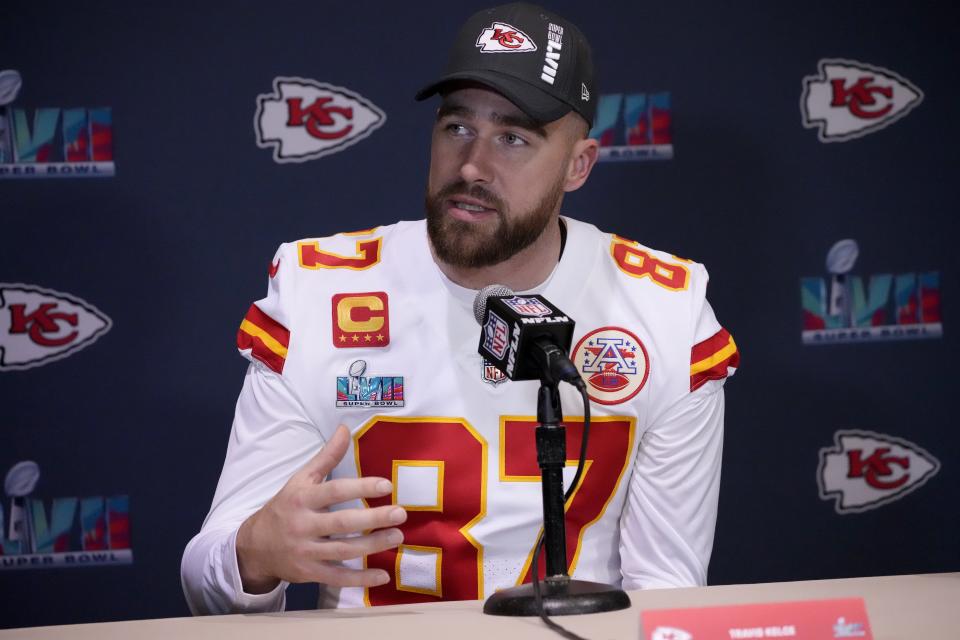 Kansas City Chiefs tight end Travis Kelce (87) answers questions from the media during team availability at Hyatt Regency Scottsdale Resort and Spa at Gainey Ranch in Scottsdale on Feb. 8, 2023.