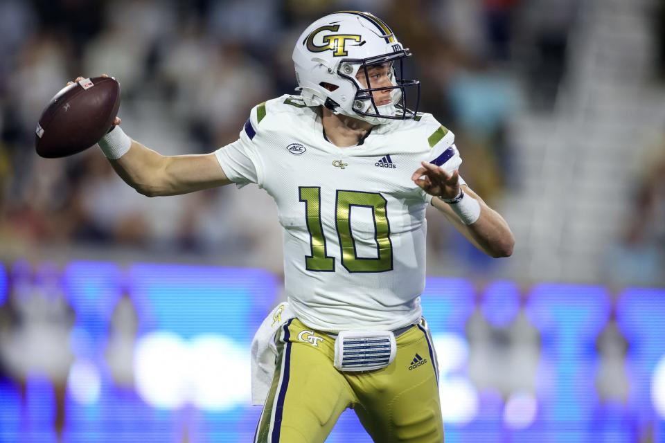 Nov 18, 2023; Atlanta, Georgia, USA; Georgia Tech Yellow Jackets quarterback Haynes King (10) throws a pass against the Syracuse Orange in the first half at Bobby Dodd Stadium at Hyundai Field. Mandatory Credit: Brett Davis-USA TODAY Sports